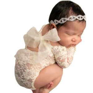 Baby Photography Props Outfit Lace Rompers Newborn Girl Photo Shoot Outfits Flower Headband Princess Costume (White)