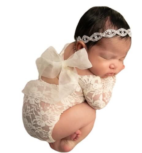 Baby Photography Props Outfit Lace Rompers Newborn Girl Photo Shoot Outfits Flower Headband Princess Costume (White)