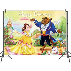 Beauty and The Beast Happy Birthday Theme Photography Backdrops Children Boys or Girls Birthday Party Photo Background 5X3FT Cake Table Banner Beauty and The Beast Engagement Party Decor Supplies