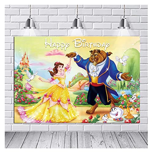 Beauty and The Beast Happy Birthday Theme Photography Backdrops Children Boys or Girls Birthday Party Photo Background 5X3FT Cake Table Banner Beauty and The Beast Engagement Party Decor Supplies