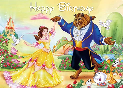 Beauty and The Beast Happy Birthday Theme Photography Backdrops Children Boys or Girls Birthday Party Photo Background 5X3FT Cake Table Banner Beauty and The Beast Engagement Party Decor Supplies