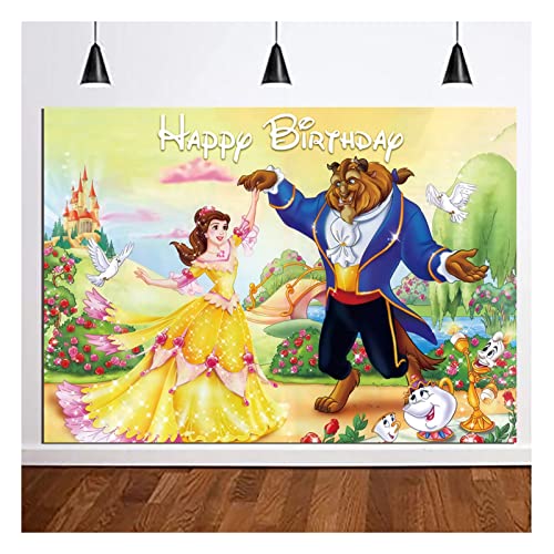 Beauty and The Beast Happy Birthday Theme Photography Backdrops Children Boys or Girls Birthday Party Photo Background 5X3FT Cake Table Banner Beauty and The Beast Engagement Party Decor Supplies