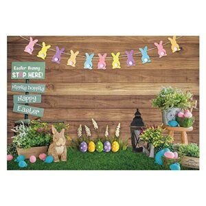 funnytree 7x5ft spring happy easter theme photography backdrop rustic wooden wall background bunny rabbit colorful eggs grass floral baby kids portrait party decor banner photo booth studio