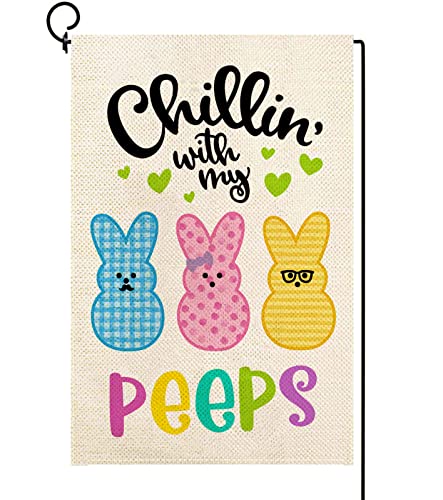 Baccessor Easter Bunny Garden Flag Double Sided Chillin with My Peeps Buffalo Plaid Cute Rabbit Burlap Small Yard Flag for Spring Holiday Seasonal Farm house Outdoor Outside Decoration 12.5x18 Inch