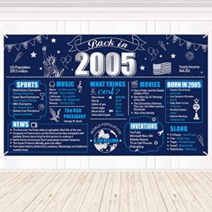 large blue silver 18th birthday banner decoration for men, navy blue 18th birthday back in 2005 birthday banner party supplies, happy 18 years old birthday photo background for indoor outdoor
