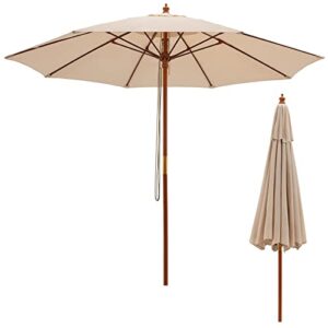 tangkula 9.5 ft pulley lift round patio umbrella, wooden market umbrella w/rope pulley mechanism, 8 fiberglass ribs, portable table parasol, outdoor sun umbrella for garden, yard, deck, pool (beige)