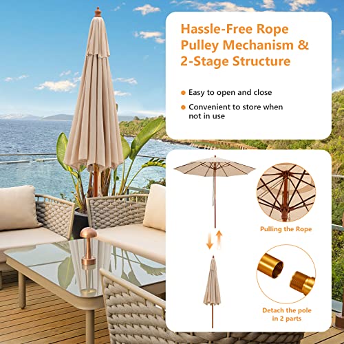 TANGKULA 9.5 FT Pulley Lift Round Patio Umbrella, Wooden Market Umbrella W/Rope Pulley Mechanism, 8 Fiberglass Ribs, Portable Table Parasol, Outdoor Sun Umbrella for Garden, Yard, Deck, Pool (Beige)