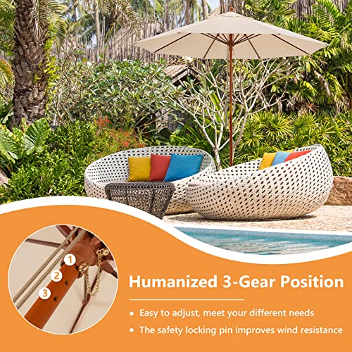 TANGKULA 9.5 FT Pulley Lift Round Patio Umbrella, Wooden Market Umbrella W/Rope Pulley Mechanism, 8 Fiberglass Ribs, Portable Table Parasol, Outdoor Sun Umbrella for Garden, Yard, Deck, Pool (Beige)