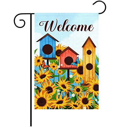 Heyfibro Welcome Spring Garden Flag Double Sided with Sunflower Pattern 12 x 18 Inch Burlap Yard Flag Welcome Garden Banner for Outside