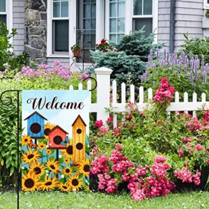 Heyfibro Welcome Spring Garden Flag Double Sided with Sunflower Pattern 12 x 18 Inch Burlap Yard Flag Welcome Garden Banner for Outside