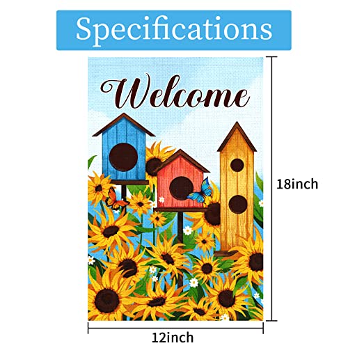 Heyfibro Welcome Spring Garden Flag Double Sided with Sunflower Pattern 12 x 18 Inch Burlap Yard Flag Welcome Garden Banner for Outside