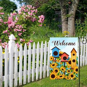 Heyfibro Welcome Spring Garden Flag Double Sided with Sunflower Pattern 12 x 18 Inch Burlap Yard Flag Welcome Garden Banner for Outside