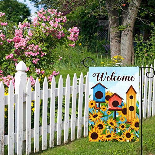 Heyfibro Welcome Spring Garden Flag Double Sided with Sunflower Pattern 12 x 18 Inch Burlap Yard Flag Welcome Garden Banner for Outside