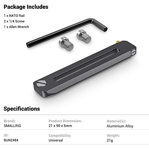 SMALLRIG Universal Low-Profile Quick Release NATO Rail Safety Rail 90mm/3.5inches Long with 1/4'' Screws for NATO Handle Camera Cage EVF Mount – BUN2484