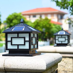 CraftThink LED Solar Post Light Outdoor, Antique House Shaped Design Lamp Fixture with Acrylic Shade for Garden Yard Post Pole Pillar Mount Landscape Light Fixture-Black 12" Wide