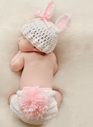 Newborn Baby Bunny Rabbit Crochet Knitted Photography Props Newborn Baby Outfits Diaper Costume (White)