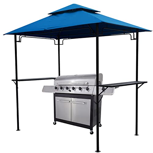 Verano Garden Grill Gazebo 8'L X 5'W with Double Tiered Outdoor BBQ Soft Top Canopy, Outdoor Grill Shelter with Side Metal Shelves for Patio and Outdoor Backyard ,Blue