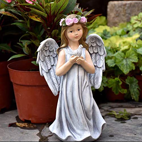 Sun Shade Angel Grasping Dove Standing Sculpture Statue Outdoor Garden Decoration Commemorative Gift 12.6" high (Resin) Gray