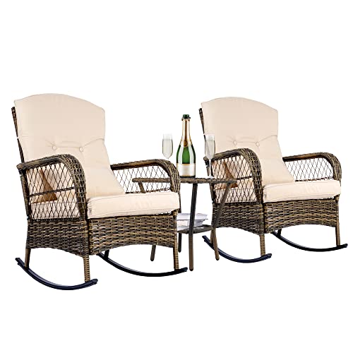 SENSWEET Outdoor Wicker Rocking Chairs Set of 2, Rattan Patio Rocking Chairs, All-Weather Rocking Lawn Wicker Furniture for Porch Deck Garden Backyard (Brown)