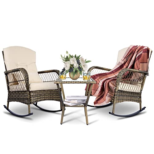 SENSWEET Outdoor Wicker Rocking Chairs Set of 2, Rattan Patio Rocking Chairs, All-Weather Rocking Lawn Wicker Furniture for Porch Deck Garden Backyard (Brown)