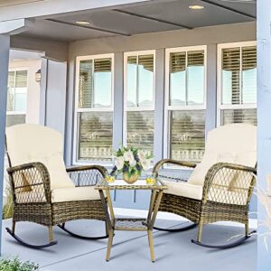 SENSWEET Outdoor Wicker Rocking Chairs Set of 2, Rattan Patio Rocking Chairs, All-Weather Rocking Lawn Wicker Furniture for Porch Deck Garden Backyard (Brown)