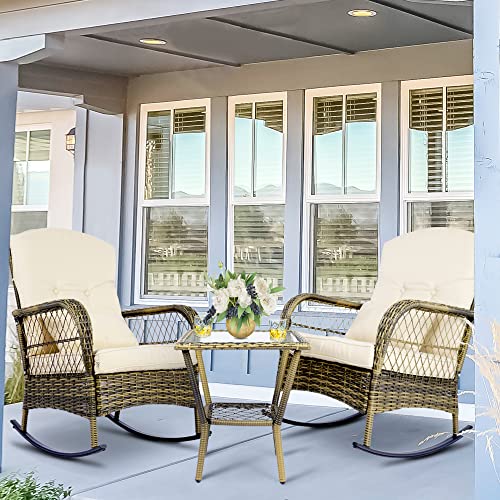 SENSWEET Outdoor Wicker Rocking Chairs Set of 2, Rattan Patio Rocking Chairs, All-Weather Rocking Lawn Wicker Furniture for Porch Deck Garden Backyard (Brown)