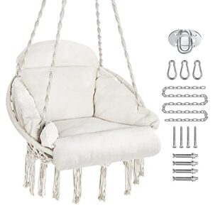 purekea hammock chair, macrame hanging swing chair with large padded cushion and hardware kits, max 330 lbs, hanging cotton rope chair for indoor, outdoor, bedroom, patio, porch, garden (beige)