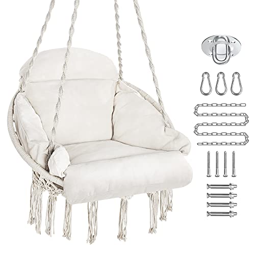 PUREKEA Hammock Chair, Macrame Hanging Swing Chair with Large Padded Cushion and Hardware Kits, Max 330 Lbs, Hanging Cotton Rope Chair for Indoor, Outdoor, Bedroom, Patio, Porch, Garden (Beige)