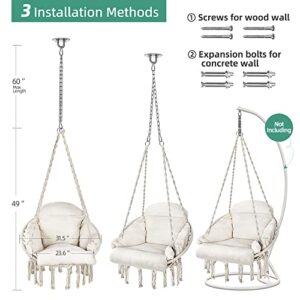 PUREKEA Hammock Chair, Macrame Hanging Swing Chair with Large Padded Cushion and Hardware Kits, Max 330 Lbs, Hanging Cotton Rope Chair for Indoor, Outdoor, Bedroom, Patio, Porch, Garden (Beige)