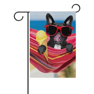 vantaso garden flag decorative french bulldog on ocean beach eating ice cream polyester double sided printing fade proof for outdoor courtyards garden 12×18 inch