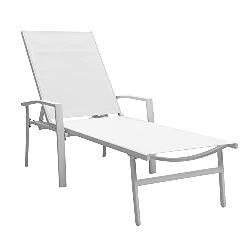 Nuu Garden Folding Chaise Lounge Chairs for Outside, Aluminum Beach Chair with Breathable Textile Fabric, 5 Position Adjustable Back Lounge Chair for Lawn, Beach, Pool, Tanning, White