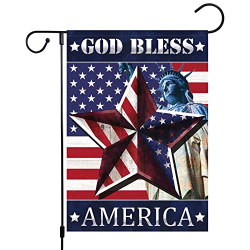 God Bless America Garden Flag Veterans Day Garden Flags 12x18 Inch Double Sided Burlap Statue of Liberty Flag with Strip Star American Banner for Patriotic Day Front Yard Outdoor Decoration(ONLY FLAG)