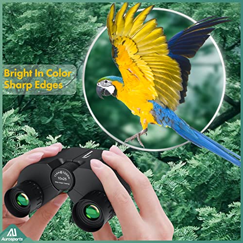 Aurosports 10x25 Binoculars for Adults and Kids, Large View Compact Binoculars with Low Light Vision, Easy Focus Small Binoculars for Bird Watching Outdoor Travel Sightseeing Concerts Hunting Hiking