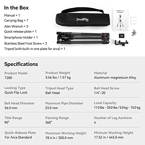 SmallRig 78" Camera Tripod, Foldable Aluminum Tripod & Monopod, 360°Ball Head Detachable and Quick Release Plate, Payload 33lb, Adjustable Height from 18.5" to 78" for Camera, Phone - 3474