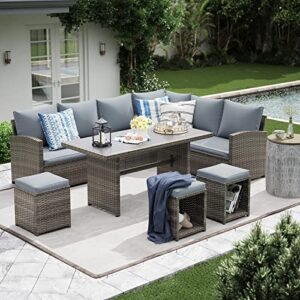 JOIVI Patio Furniture Set, 7 Piece Patio Dining Sofa Set, Outdoor Sectional Sofa Conversation Set All Weather Wicker Rattan Couch Dining Table & Chair with Ottoman, Gray