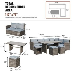 JOIVI Patio Furniture Set, 7 Piece Patio Dining Sofa Set, Outdoor Sectional Sofa Conversation Set All Weather Wicker Rattan Couch Dining Table & Chair with Ottoman, Gray