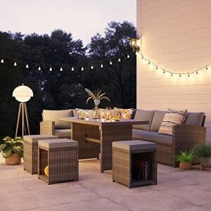 JOIVI Patio Furniture Set, 7 Piece Patio Dining Sofa Set, Outdoor Sectional Sofa Conversation Set All Weather Wicker Rattan Couch Dining Table & Chair with Ottoman, Gray