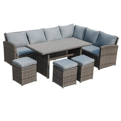 JOIVI Patio Furniture Set, 7 Piece Patio Dining Sofa Set, Outdoor Sectional Sofa Conversation Set All Weather Wicker Rattan Couch Dining Table & Chair with Ottoman, Gray