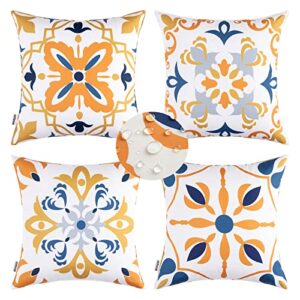 miulee outdoor waterproof throw pillow covers set of 4 boho floral pattern farmhouse luxury decorative square pillowcases for chair patio garden couch tent balcony sofa 18×18 inch blue and orange
