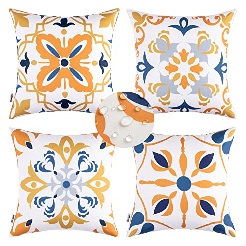 MIULEE Outdoor Waterproof Throw Pillow Covers Set of 4 Boho Floral Pattern Farmhouse Luxury Decorative Square Pillowcases for Chair Patio Garden Couch Tent Balcony Sofa 18x18 Inch Blue and Orange