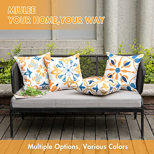 MIULEE Outdoor Waterproof Throw Pillow Covers Set of 4 Boho Floral Pattern Farmhouse Luxury Decorative Square Pillowcases for Chair Patio Garden Couch Tent Balcony Sofa 18x18 Inch Blue and Orange