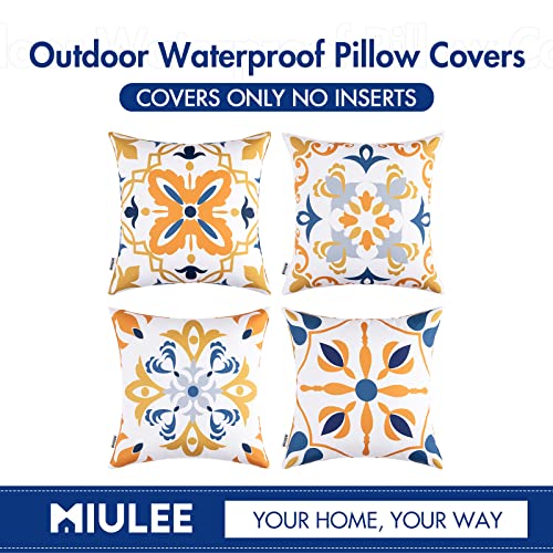 MIULEE Outdoor Waterproof Throw Pillow Covers Set of 4 Boho Floral Pattern Farmhouse Luxury Decorative Square Pillowcases for Chair Patio Garden Couch Tent Balcony Sofa 18x18 Inch Blue and Orange