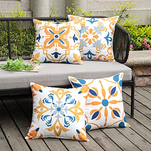 MIULEE Outdoor Waterproof Throw Pillow Covers Set of 4 Boho Floral Pattern Farmhouse Luxury Decorative Square Pillowcases for Chair Patio Garden Couch Tent Balcony Sofa 18x18 Inch Blue and Orange