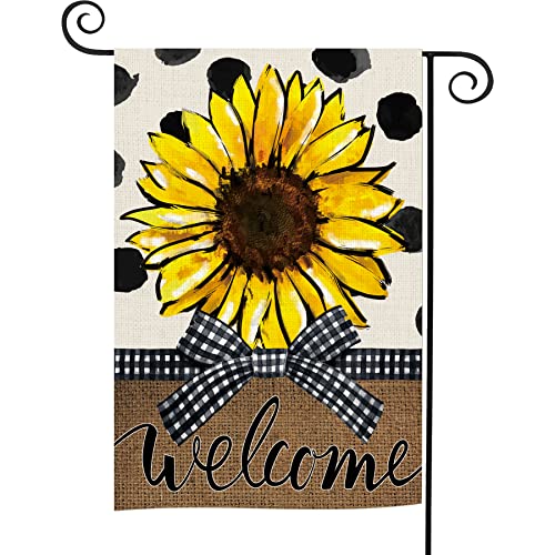 Glawry Spring Summer Sunflower Garden Flag Double Sided 12Wx18L Inch Black White Plaid Bowknot Black Dot Oil Painting Art Flower Small Vertical Yard Flag for Outdoor Decorations Outside Decor Banner