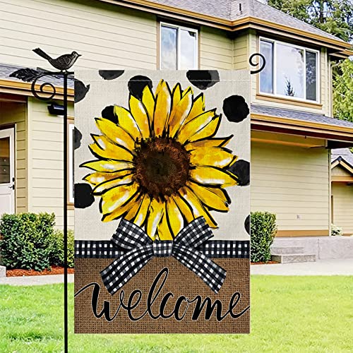 Glawry Spring Summer Sunflower Garden Flag Double Sided 12Wx18L Inch Black White Plaid Bowknot Black Dot Oil Painting Art Flower Small Vertical Yard Flag for Outdoor Decorations Outside Decor Banner