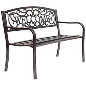 s afstar garden bench, outdoor metal porch bench for park garden yard, patio bench with weather-resistant cast iron backrest and welcome pattern, front door bench park bench for outside (bronze)