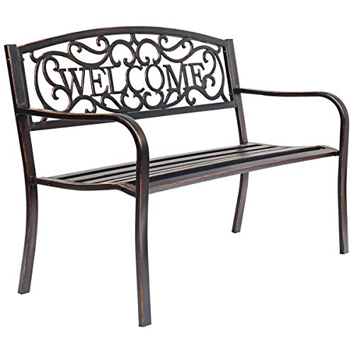 S AFSTAR Garden Bench, Outdoor Metal Porch Bench for Park Garden Yard, Patio Bench with Weather-Resistant Cast Iron Backrest and Welcome Pattern, Front Door Bench Park Bench for Outside (Bronze)