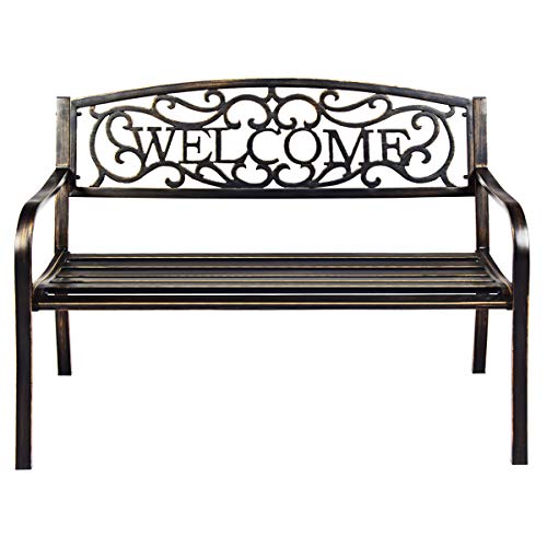 S AFSTAR Garden Bench, Outdoor Metal Porch Bench for Park Garden Yard, Patio Bench with Weather-Resistant Cast Iron Backrest and Welcome Pattern, Front Door Bench Park Bench for Outside (Bronze)