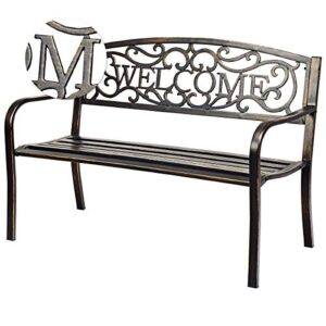 S AFSTAR Garden Bench, Outdoor Metal Porch Bench for Park Garden Yard, Patio Bench with Weather-Resistant Cast Iron Backrest and Welcome Pattern, Front Door Bench Park Bench for Outside (Bronze)