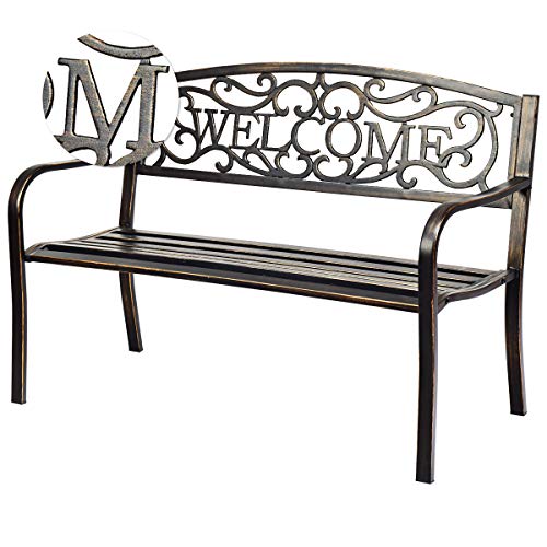 S AFSTAR Garden Bench, Outdoor Metal Porch Bench for Park Garden Yard, Patio Bench with Weather-Resistant Cast Iron Backrest and Welcome Pattern, Front Door Bench Park Bench for Outside (Bronze)